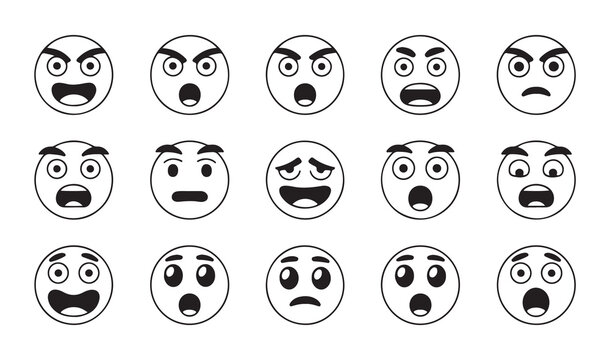Shocked emoji face collection line art icons variety of surprised and scared facial expressions set vector.