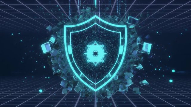 A futuristic shield with glowing blue lines and digital particles explodes in a dark technological environment.