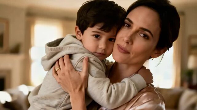 Beginning with mother holding son in living room, comforting son and showing robe, ring and hoodie