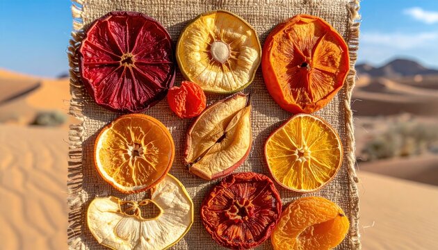 A colorful collection of assorted dehydrated fruit slices arranged artfully on a rough textured canvas background in warm natural sunlight.