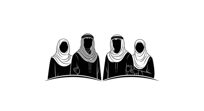 Silhouette of four people wearing traditional Arab clothing.