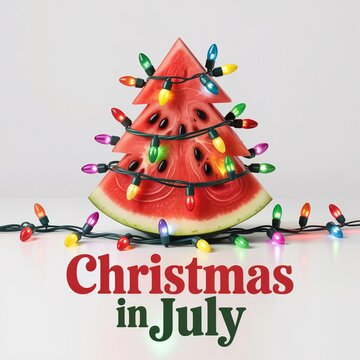 A whimsical watermelon tree decorated with colorful Christmas lights, celebrating a festive Christmas in July.