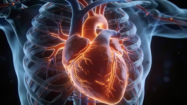Animation starting, heart pulsing within thorax, tracing coronary arteries and aorta for study