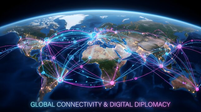 Global Digital Network on Earth with Luminous Connections, Visualizing Worldwide Communication, Technology, and Digital Diplomacy