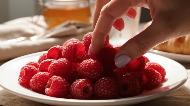 Hand picking ripe red raspberries from a white plate