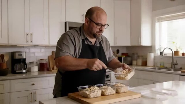Placing portion tub, cook in apron scooping from bulk tub into three tubs at kitchen counter