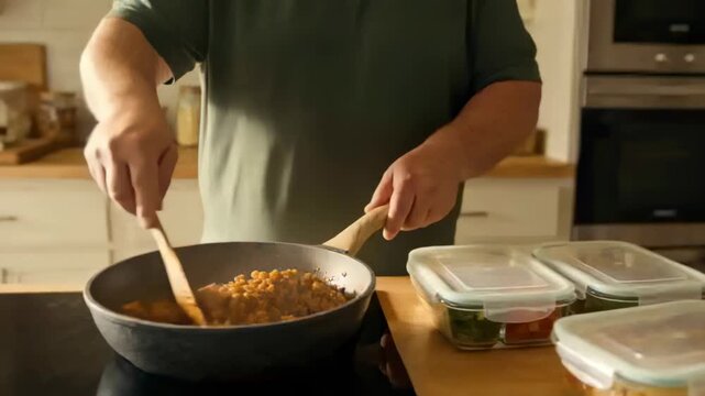 Holding two spatulas man in green shirt stirring food in pan to fill three meal-prep boxes