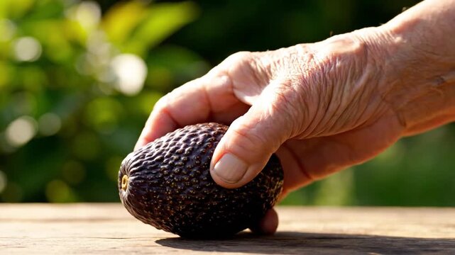 Hand Reaching For A Perfectly Ripe Avocado Outdoors
