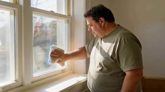 Squeegeeing man in green tee scrubbing, drying cloth removing marks at left pane inside, copy space