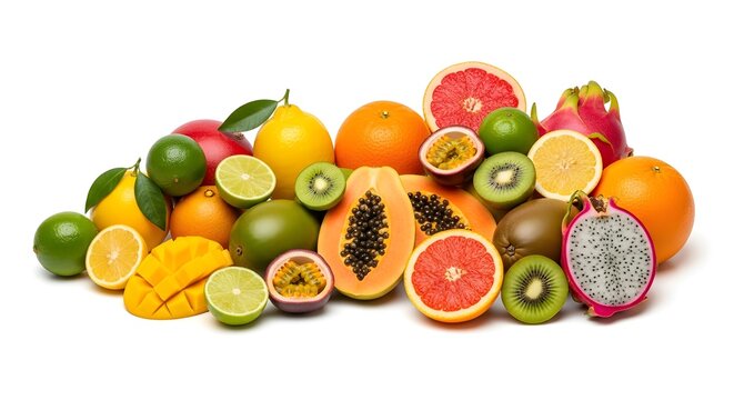 Berbagai macam buah tropis segar berwarna-warni di latar belakang putih