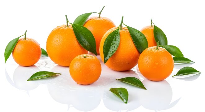 Buah jeruk segar dengan tetesan air dan daun hijau di latar belakang putih