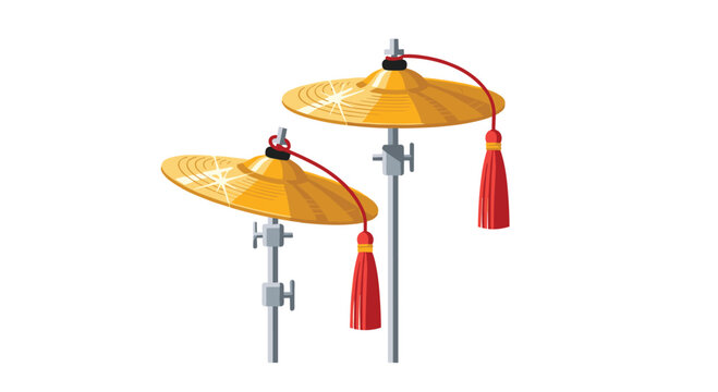 Two brass percussion cymbals with distinct grooved surface textures are mounted on silver stands and accented with vibrant red decorative tassels against a white backdrop.