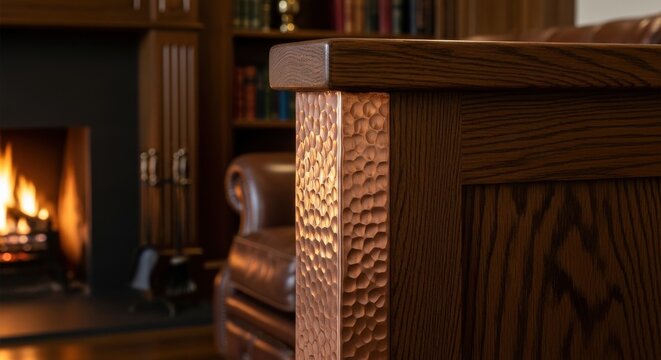 Textured hammered copper corner post accenting wooden furniture leg in a library setting