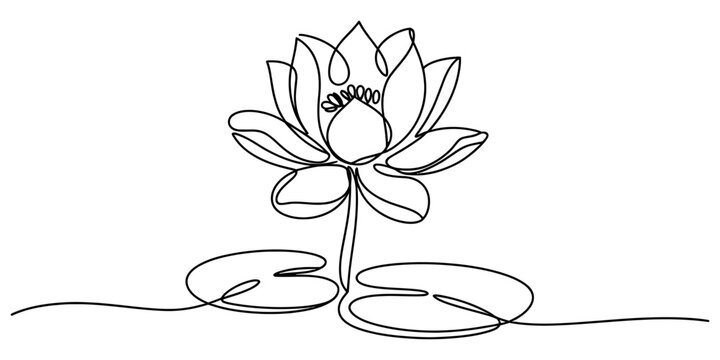 Continuous single line drawing of a beautiful lotus flower blooming with lily pads in a simple minimalist style for meditation and yoga design