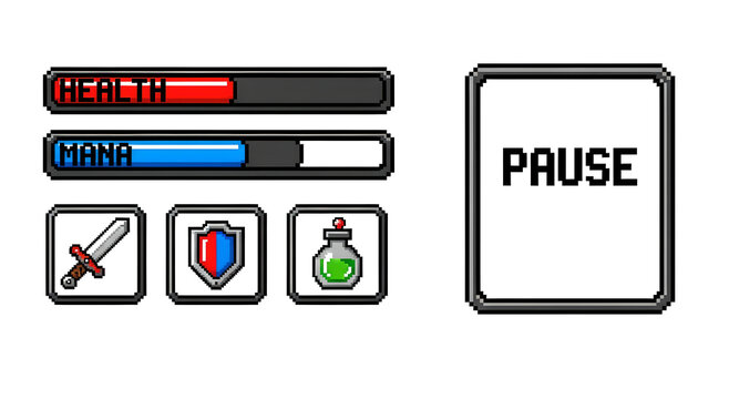 Pixel art video game interface with health and mana bars, icons, and a pause button.