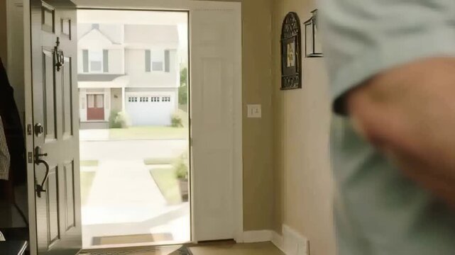 Walking man in open shirt, shorts stepping through front door at home, bringing cardboard box