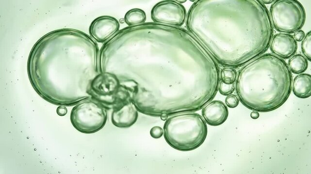Close-up of green bubbles in liquid, abstract freshness and purity concept, intricate textures, macro detail, luminous soft light, realistic fluid photography, no logos