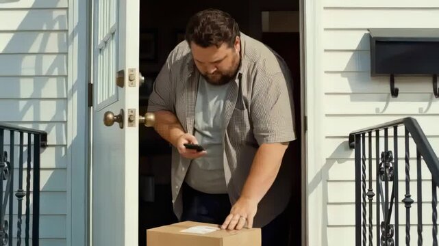 Filming package after delivery, man in plaid shirt scanning label at door with phone for proof