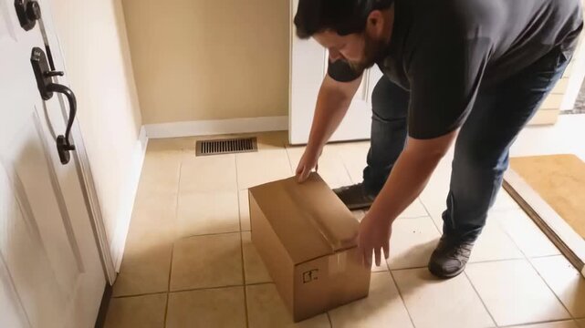 Bending man in dark polo jeans nudging sealed cardboard box at home entry after door opening