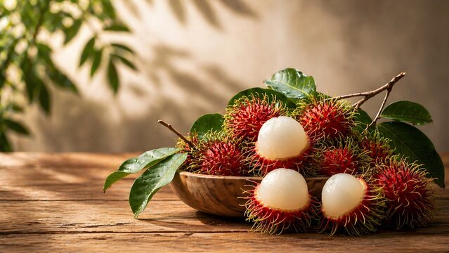 Buah rambutan segar di dalam mangkuk kayu dengan cahaya matahari