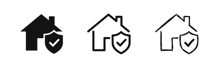 House insurance and home security icon set, shield with checkmark and building symbol © drawing lines