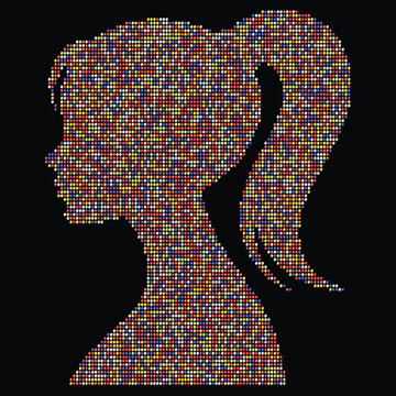 Abstract Multicolor Dot Mosaic Woman Profile Silhouette, Creative Pixel Art Portrait, Vibrant Modern Design.