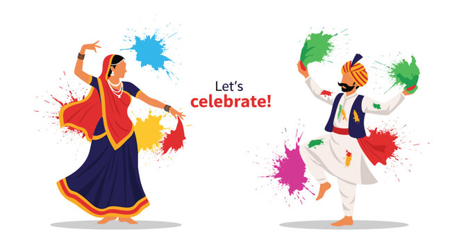 Let us celebrate text is placed between two traditional Indian dancers performing amidst vibrant splashes of Holi powder.