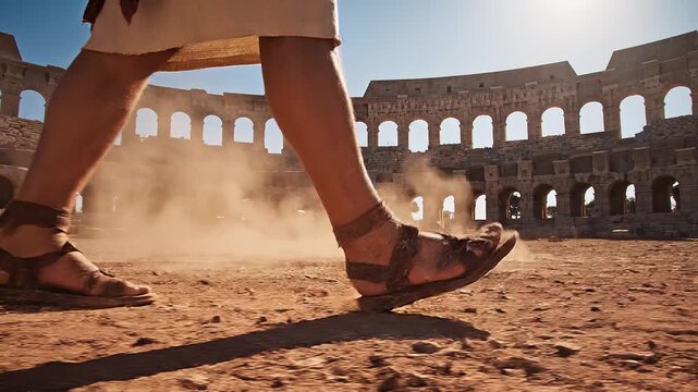 Low angle tracking shot of woman walking in sandals kicking up dust inside ancient amphitheater arena at midday