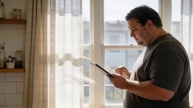 Tapping man in dark grey t-shirt checking tablet screen at kitchen window, shelf jars, copy space