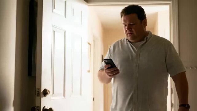 Entering man wearing shirt, watch checking phone, stepping through open door into hall, copy space