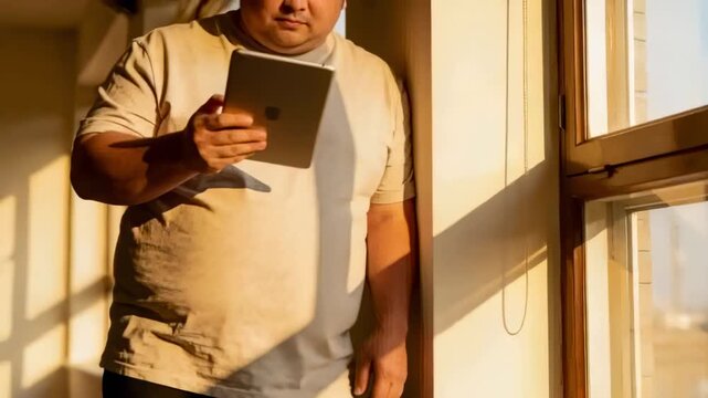 Tilting tablet, man wearing beige tee shifting grip beside sunlit window with cord, reducing glare
