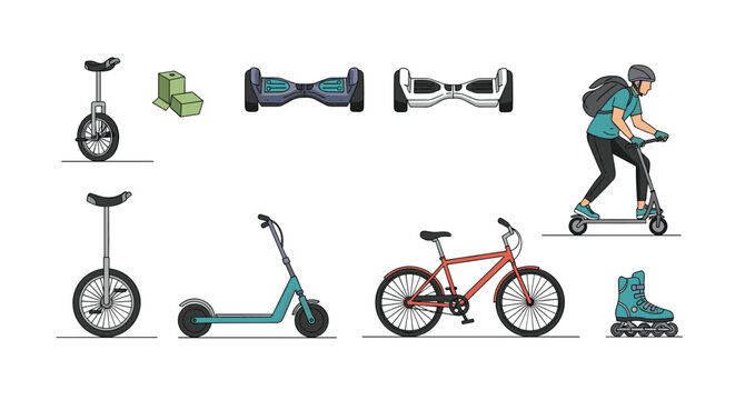 Variety of personal electric and manual transportation devices like scooters, bicycles, and hoverboards are shown together.