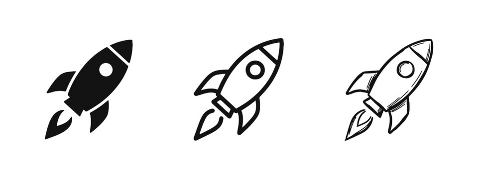 Rocket launch and startup icon set, space shuttle symbol for business growth