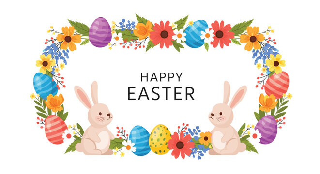 Happy Easter greeting card design features cute rabbits sitting among a variety of colorful spring flowers and decorated eggs on white.