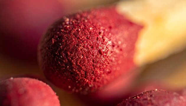 Macro view of reddish brown chemical compound on the match head showing fine details and texture