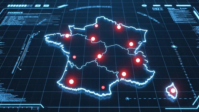 Tracking shot zoom out of digital map revealing spreading red location markers across france grid interface on glowing blue hud display