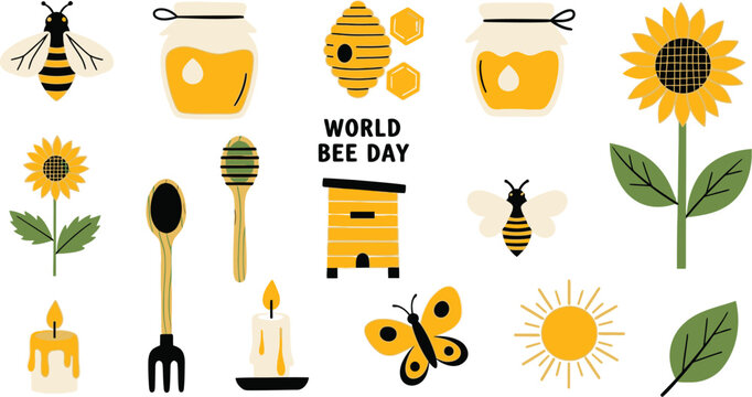 Bee honey icon set with hive flower insect flat vector illustration design