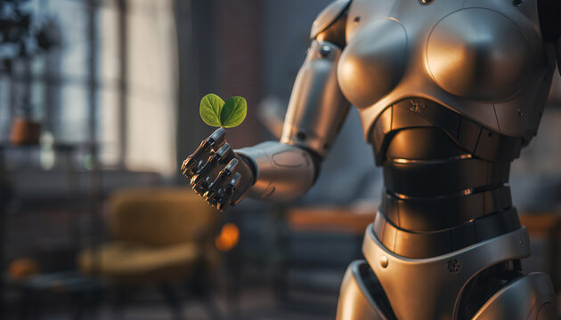 Robot holds a tiny green leaf in hands inside a room with soft lighting