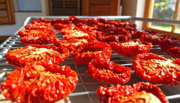 Sun dried tomatoes arranged on a metal cooling rack for natural dehydration process, showcasing the intense red color and textured surface of the preserved Mediterranean summer vegetable harvest.