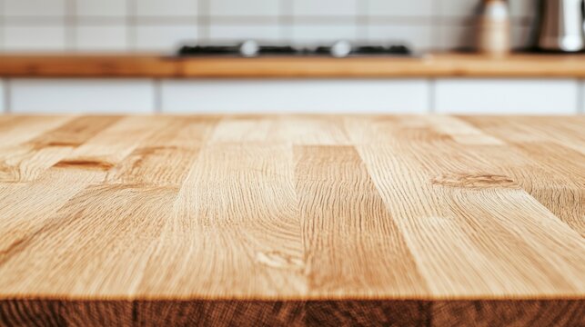 Close-up of a clean wooden tabletop with a natural wood grain pattern in a bright kitchen setting.