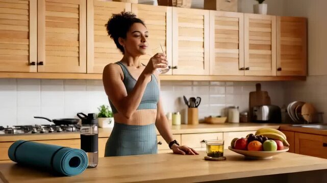 Drinking woman in teal activewear lifting glass at kitchen island after yoga session, with yoga mat