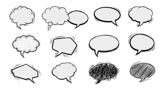 Collection of various hand drawn speech and thought bubbles with different styles including scribble, dot, and line on white.