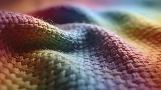 Shifting camera pulling focus across macro knit close-up, revealing basket-weave and color sweep