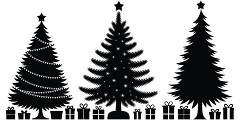 Obraz premium Stylized Christmas tree silhouettes with stars and gift boxes, festive holiday decoration artwork, seasonal celebration design concept, flat vector illustration