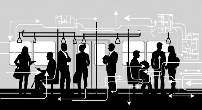 Silhouettes of people inside a public transport vehicle with abstract background.
