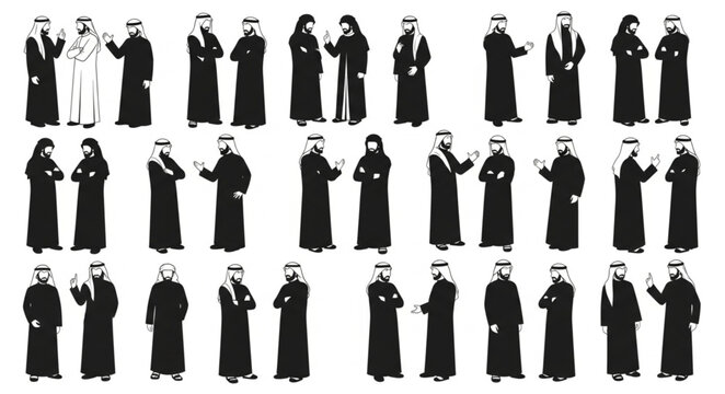 Silhouettes of Arab men in traditional attire, various poses.