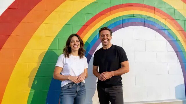 Gesturing woman initiating talk, smiling man responding while standing in front of rainbow mural