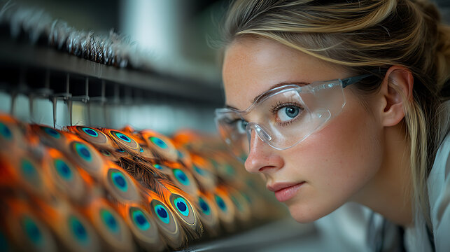 Lab technician analyzing feather pigmentation from a de-extinct peacock 
