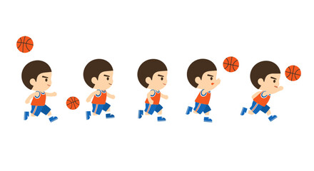 Fototapeta premium Cartoon boy playing basketball sequence, isolated on white, sports illustration
