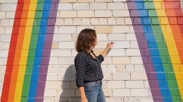 Starting pose, woman in dark blouse and jeans posing for shoot, stepping right at rainbow mural